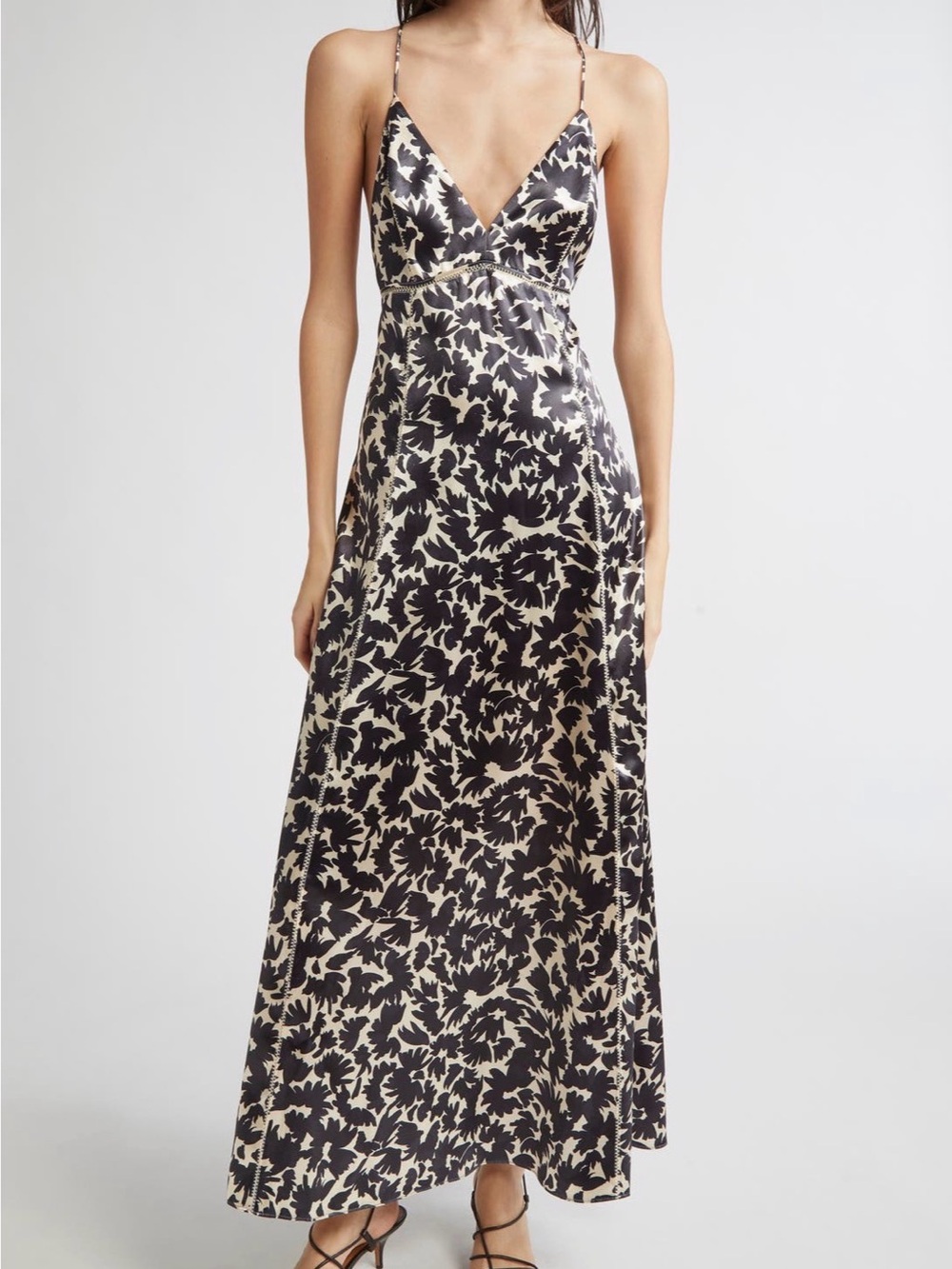 Ulla Johnson Black and Cream Floral Satin Slip Maxi Dress